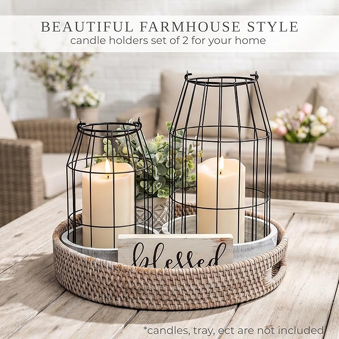Rustic Farmhouse Lantern Decor Set of 2 - Stylish Decorative Lanterns for Your Living Room, Fireplace Mantle or Kitchen Dining Table - Modern Indoor/Outdoor Coffee Table Decor for Your Entire Home