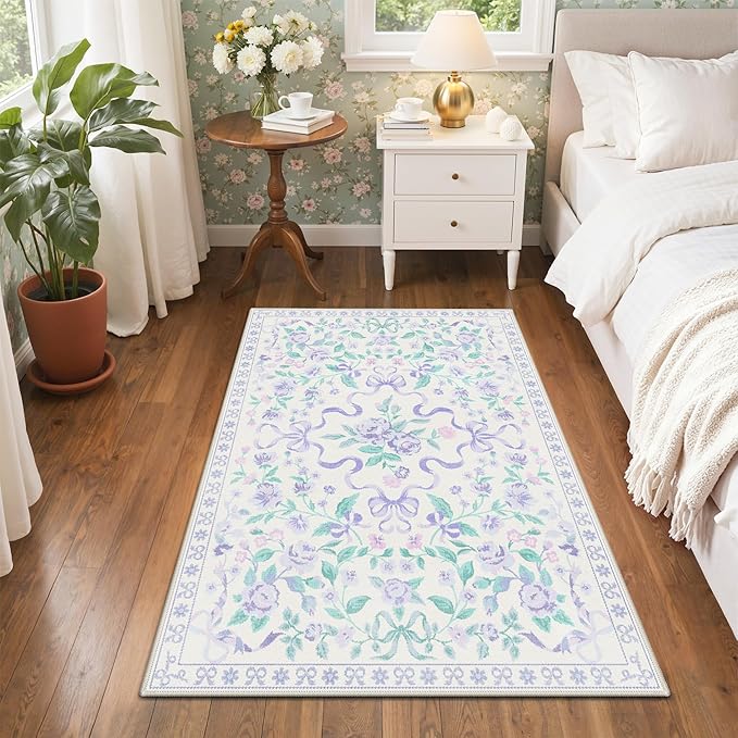GENIMO 3X5 Washable Vintage Area Rugs for Living Room, Non-Slip Low Pile Chenille Print Rug, Soft Rugs for Bedroom Dining Room Home Office, Pastel Purple
