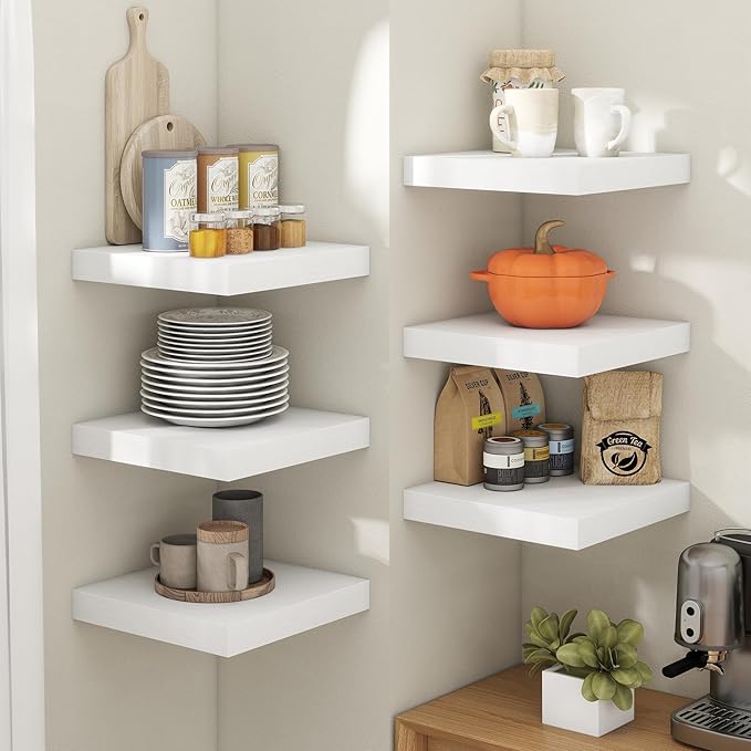 12 Inch Floating Shelves for Wall with Invisible Brackets Set of 3, 12"D Engineered Wood Wall Shelves with Wood Grain for Living Room, Bedroom, Bathroom, Kitchen Decor and Storage, White Finish