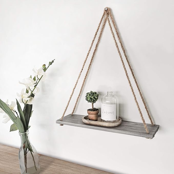 17 x 5 inch Wall Hanging Floating Shelves, Distressed Wood Farmhouse Organizer, Rustic Home Décor for Living Room Bathroom Bedroom Kitchen Apartment, Set of 2, Gray Wash