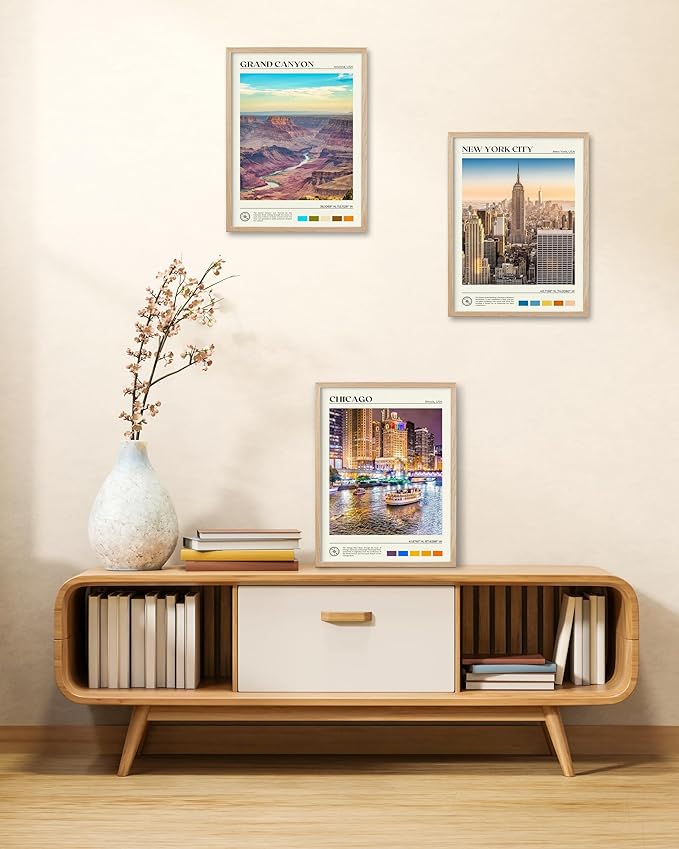 HesenDot Natural OAK Wood Chicago Framed Wall Art,12x16in Chicago River Cityscape Canvas Wall Print,Classic Urban Skyline Home Decor for Living Room Bedroom Office Gallery, Set of 1