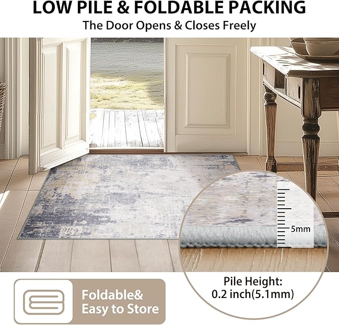 RELEANY Washable Area Rugs Square 8ft Non-Slip Modern Abstract Soft for Living Room Entryway Bedroom Nursery, Print Pattern, Purple Grey Cream Yellow