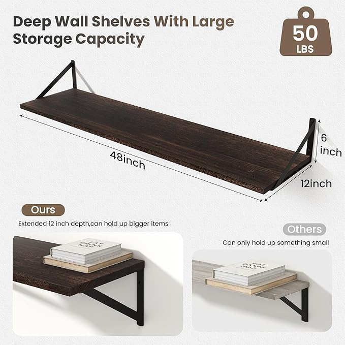 Marsmiles Deep Floating Shelves for Wall - 48 Inch Wide x 12 Inch Deep Wall Shelves Set of 2 - Rustic Wood Floating Shelves for Living Room Bedroom Bathroom