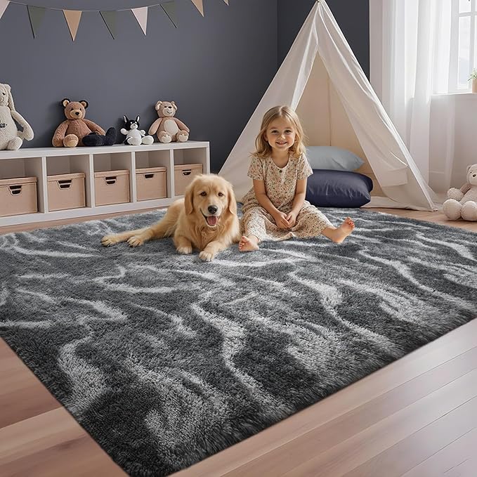 5x7 Ft Area Rugs for Living Room, Grey Plush Fluffy Shaggy Bedroom Rugs Non-Slip, Ultra Soft Carpet for Nursery Kids PlayRoom Dorm Office Indoor