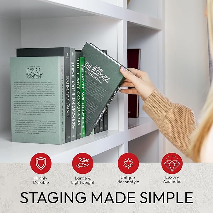 Decorative Books | Green 10 Book Set with 3 Sizes | Preassembled with Hidden Storage | Perfectly Stackable for Easy Home Staging | Book Decor to Elevate Your Space | Home Decor Made Simple!