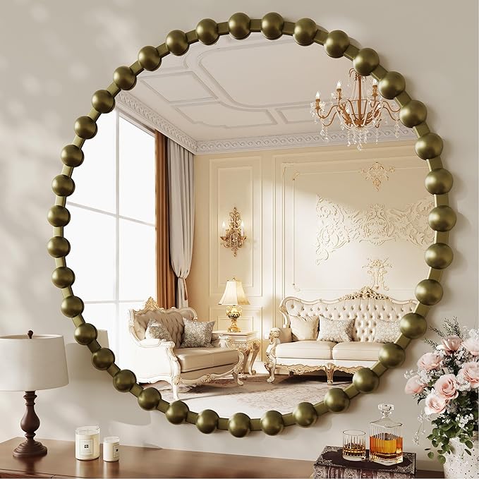 Round Vintage Vanity Mirror, 36 Inch Beaded Frame Circle Wall Mirror for Bathroom, Bedroom Dresser, Entryway, Living Room, Decorative Hanging Wall Mirror, Bronze