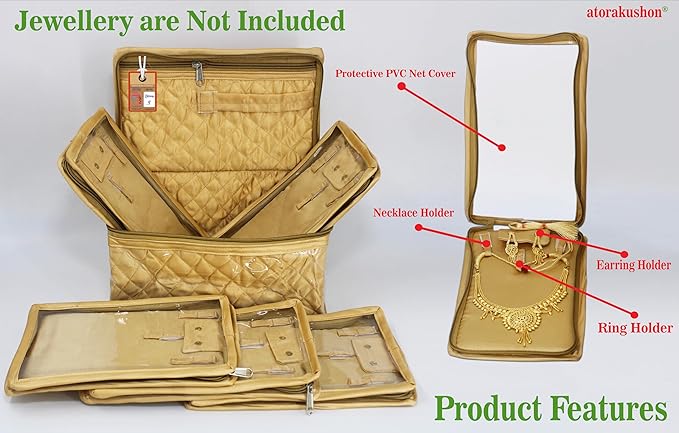 atorakushon Satin Makeup Kit Travel Jewelry Organizer Locker Box Pouches Clutch Bag for Necklaces Earrings Rings and Bracelets Golden Color
