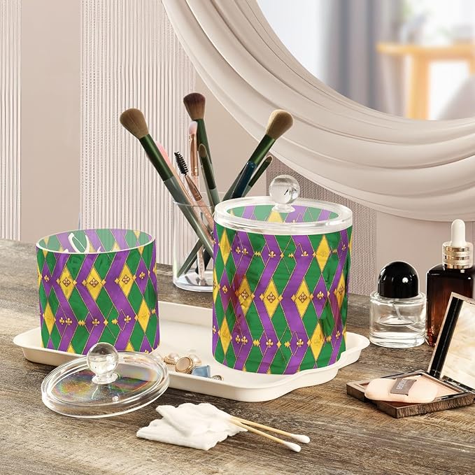 Mardi Gras Purple Green Yellow Diamonds Clear Plastic Makeup Organizer Storage with lid Office Essentials Decorative Dental floss storage jar for Cotton Swabs,Cotton Pads,Floss Picks,Paper