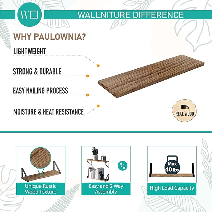 Wallniture Ponza Floating Shelves Wall Mounted Set of 4, Wall Shelves for Bedroom, Bathroom, Living Room, Kitchen, Natural Burnt Rustic Wood Board with Metal Floating Shelf Bracket