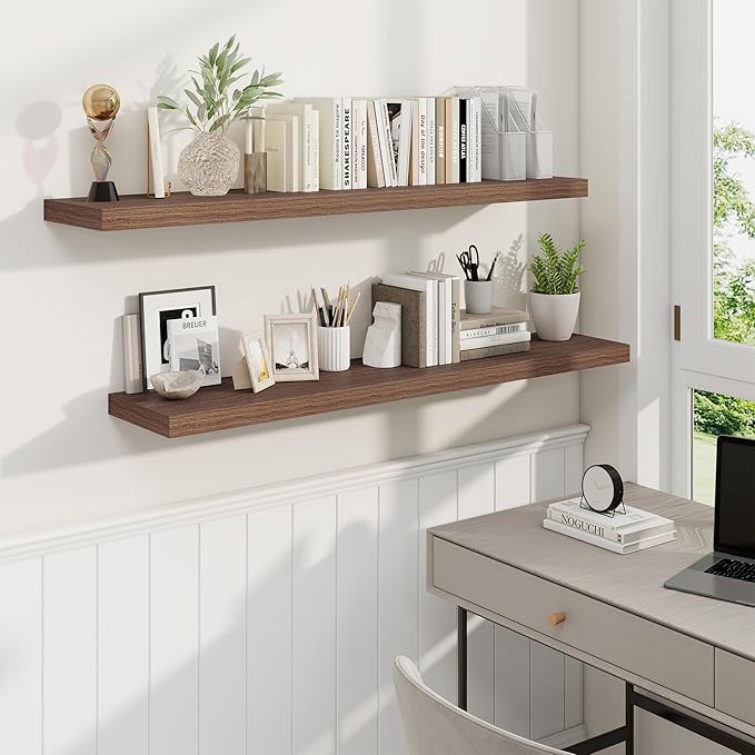 Fun Memories 48 Inch Walnut Floating Shelves, 9.3 Inch Deep Wall Shelves for Living Room|Bedroom|Kitchen, Rusitc Wall Mounted Bathroom Shelves 2 Pack, Heavy-Duty Deep Shelf for Books，Decor