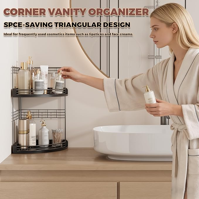 2-Tier Bathroom Countertop Corner Organizer for Small Spaces Counter Shelf for Sink & Vanity, Compact Vertical Storage for Toiletries (Black)