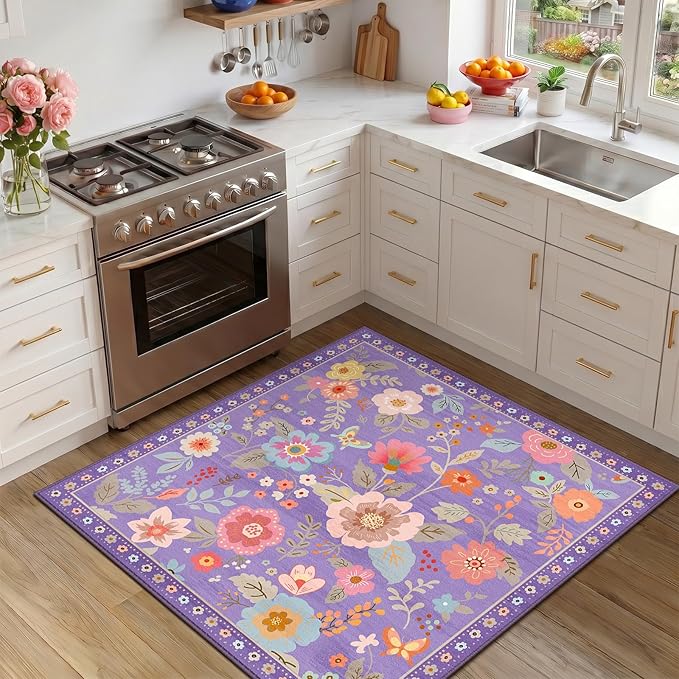 RELEANY Floral Nursery Square 5ft Area Rugs Washable Print Boho Cute Carpet Non Slip Flower Low Pile for Living Room Kids Girls Playroom Bedroom Kitchen Office Farmhouse-Purple/Pink/Multi