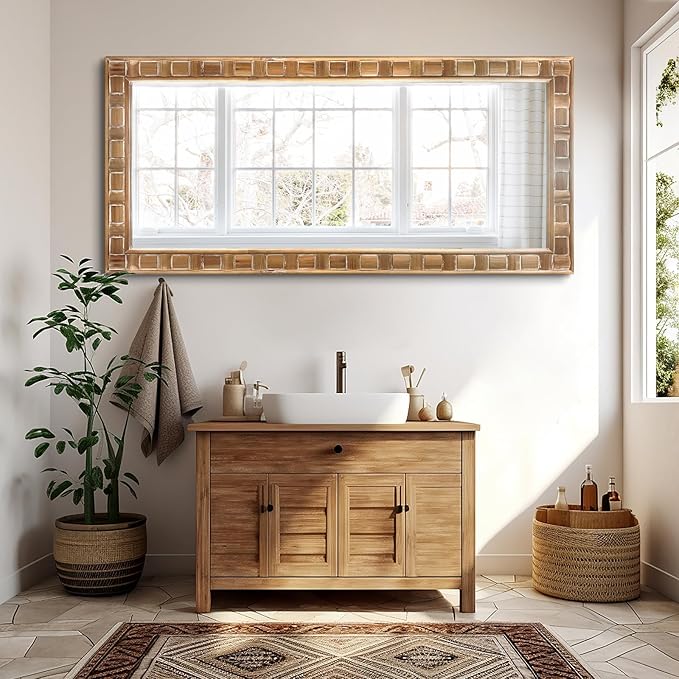 POZINO Full Length Mirror with Solid Wood Frame, 65"X30" Farmhouse Wooden Floor Mirror for Dressing, Large Rustic Rectangle Wall Mirrors for Living Room Bathroom Bedroom, Horizontal Or Vertical