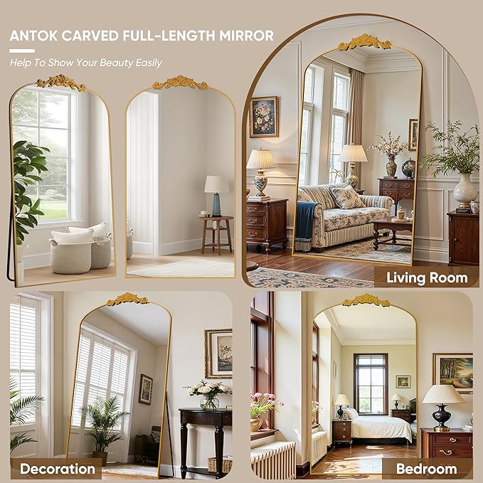 Antok Arched Full Length Mirror, 72"x44" Floor Mirror with Carved, Full Body Mirrors for HomeDecor, Standing/Halling Large Wall Mirror for Bedroom, Living Room, Cloakroom, Gold, Retro Style
