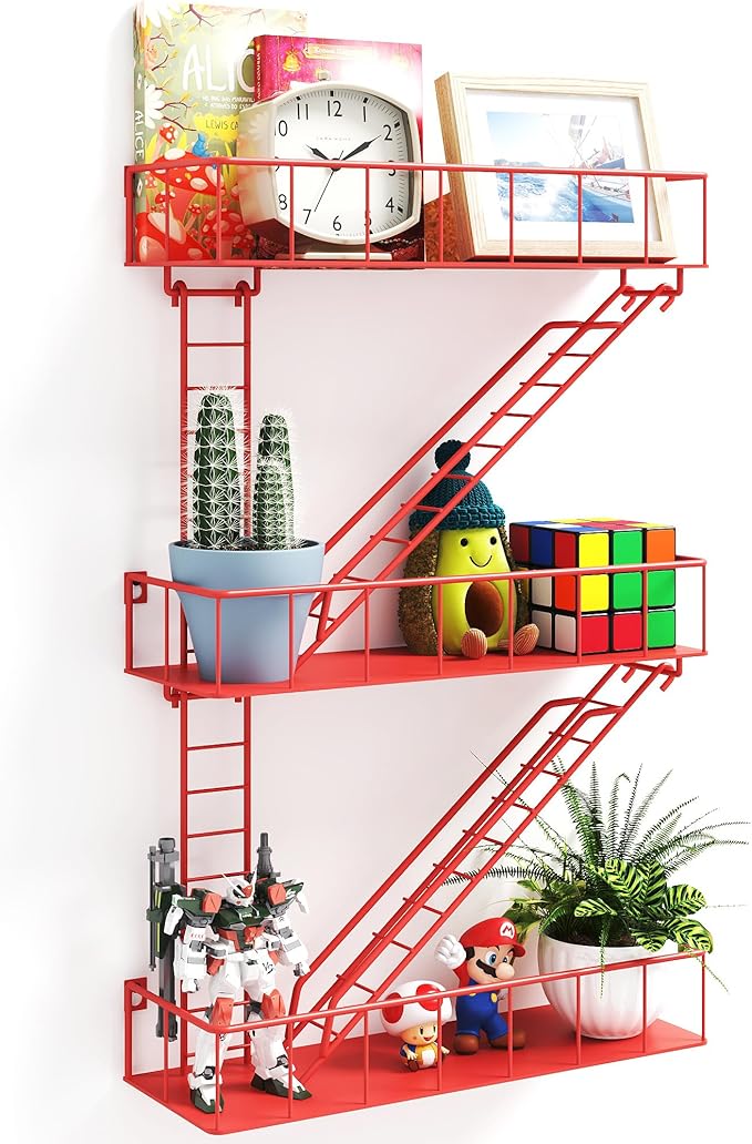 Red Metal Fire Escape Wall Shelf, Unique Decorative Shelves for Wall, New York Shelf Ladder Storage, Funky Knick Knack Shelf Organizer, Industrial Wall Shelves for Bathroom, Living Room
