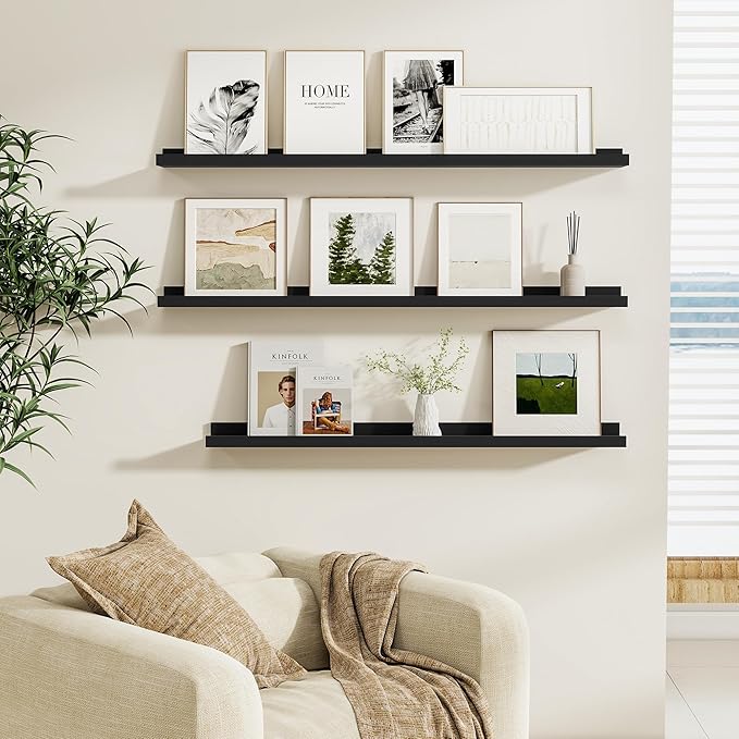 Fun Memories Picture Ledge Shelf, Black Floating Shelves Set of 4, 48 Inch Picture Shelves for Wall with Ledge, Large Nursery Book Shelf for Toys Storage, Living Room, Bedroom Decor Frames