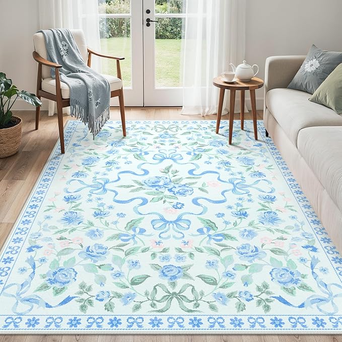 GENIMO 5X7 Washable Vintage Area Rugs for Living Room, Non-Slip Low Pile Chenille Print Rug, Soft Rugs for Bedroom Dining Room Home Office, Pastel Blue