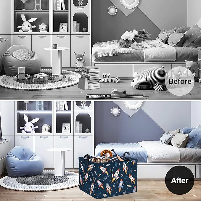 Clastyle Cosmic Space Kids Book Storage Basket Planet Clothes Laundry Basket Parents Gift Toy Box for Bedroom Shower, Rocket, 40x30x30 cm