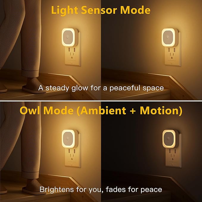 YUNLEX 2 Pack Plug in Night Light with Motion Sensor & Dusk to Dawn Sensor, 3 Sensor Modes, Dimmable Night Lights Plug into Wall, Warm White Nightlight for Kids, Bathroom, Bedroom, Kitchen, Indoor