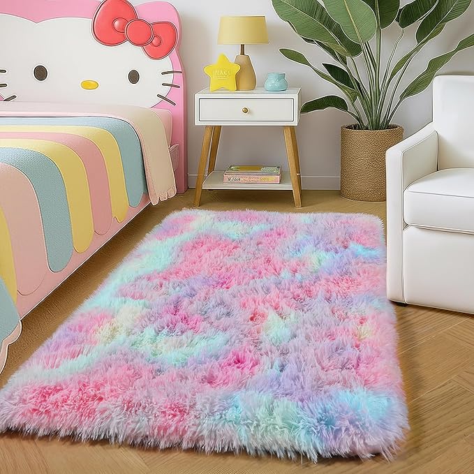 Amdrebio Rainbow 2x3 Small Area Rugs for Girls Bedroom Kids Room Decor, Pastel Colorful Rug for Playroom Preppy Dorm, Cute Unicorn Shaggy Rug for Baby Princess, Kawaii Fluffy Plush Carpet for Nursery