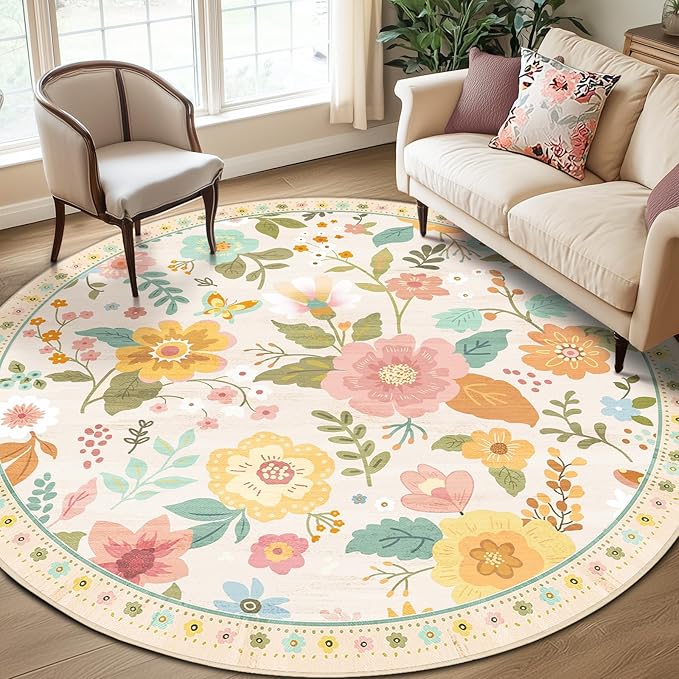 RELEANY Floral Nursery 8ft Area Rugs Washable Print Boho Cute Carpet Non Slip Flower Low Pile for Living Room Kids Girls Playroom Bedroom Kitchen Office Farmhouse-Beige/White/Orange