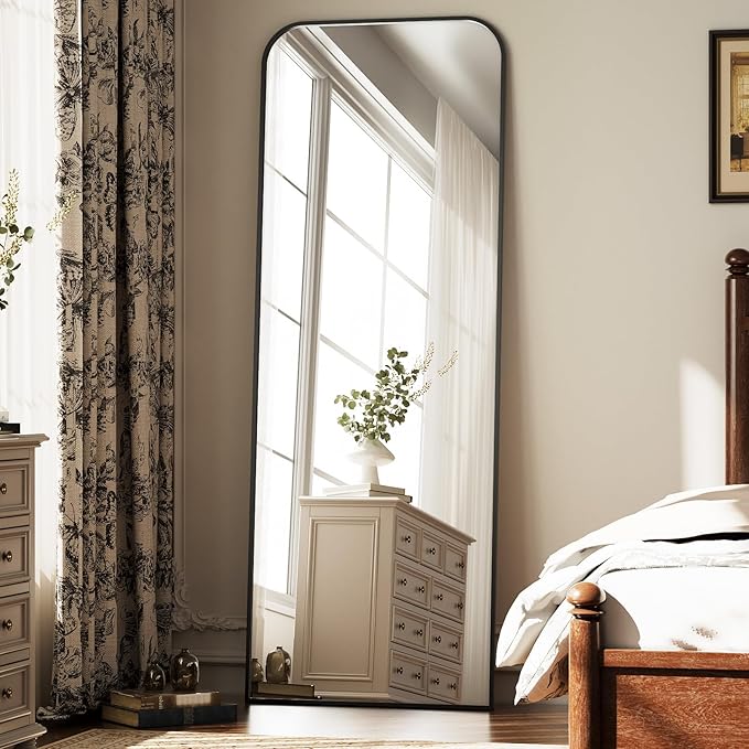Full Length Mirror 64"x21" Arched Floor Standing Large Mirrors Full Body Mirror with Stand - with Aluminum Frame for Bedroom Living Room, Black