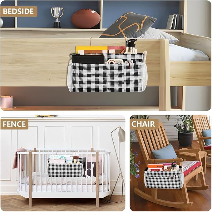 Buffalo Plaid Check Black Print Bedside Caddy Storage Bag Bedside Organizer for Bunk Bed Headboards College Organizer Caddy Hanging Shelf 6 Pockets with Hooks for Drinks Magazine Phone Holder