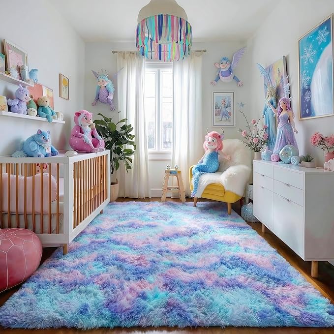 Amdrebio Purple Rainbow Area Rugs for Bedroom Girls Room Decor, Colorful Mermaid Stitch Frozen Kids Rugs for Playroom Nursery Dorm, Fluffy Furry Cute Shag 3x5 Small Kawaii Carpet for Baby Toddler