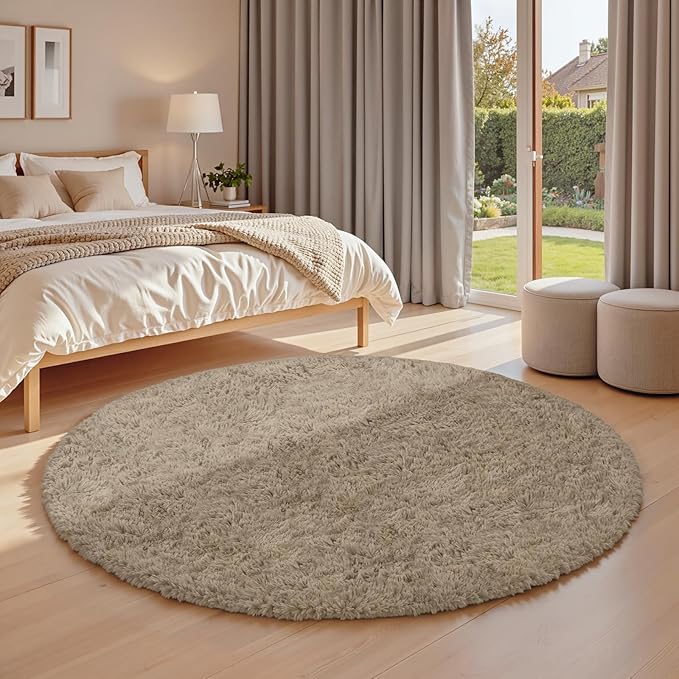 Gray Camel Round Fluffy Rug 5ft,Soft Bedroom Circle Rugs Mats for Kids Girls Nursery Room,Washable Plush Shaggy Indoor Non Slip Rug for Bedside Living Room Bedroom Circular Carpet,Home Decor Aesthetic