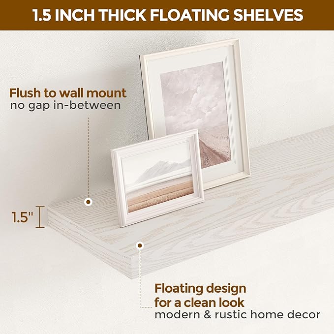 Fun Memories 48 Inch Floating Shelves, 9.3 Inch Deep Wall Shelves for Bathroom, Living Room, Bedroom, Kitchen, Deep Long Shelf Wall Mounted 1 Pack Shelf for Books, Decor, Brich