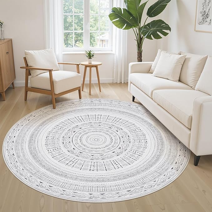 cotiled 5x5 Round Area Rug Living Room: Washable Boho Rugs with Non Slip Backing Large Soft Indoor Stain Resistant Carpet for Bedroom Farmhouse Dining Room Lightweight Home Decor Dark Grey