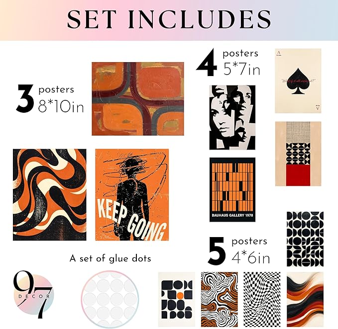 97 Decor Modern Retro Wall Decor - Mid Century Modern Wall Art, Cool 70s Posters For Room Aesthetic, Vintage Eclectic Prints Abstract Artwork For Home, Bedroom, Dorm Decorations (Unframed)