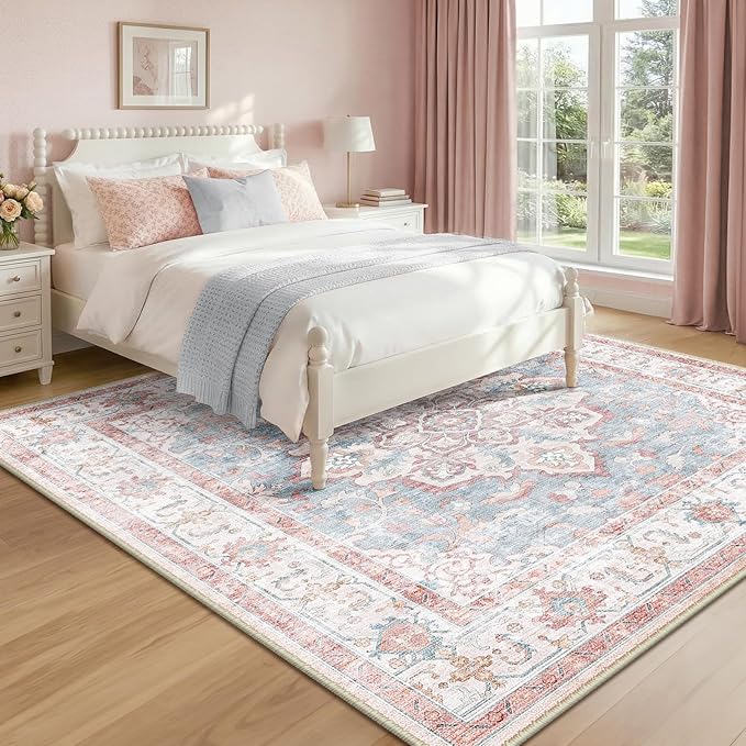 CAPALOCA Machine Washable Rugs Nursery Rug Sq8ft Cute Girl Non Slip Low Pile Water Repellent Soft Print Pattern for Bedroom Indoor Decor Kids Playroom Pink Blue