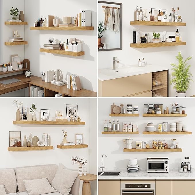fuqing Floating Shelves for Wall, Wall Mounted Wood Floating Shelf with Invisible Brackets for Living Room, Bathroom, Bedroom, Kitchen Storage and Decor, 20 Inch Set of 2, Oak