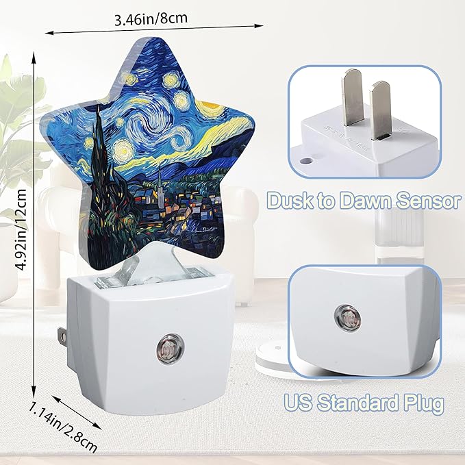Night Light,Starry Night Plug into Wall with Dusk to Dawn Light Sensors,Abstract Oil Painting Warm Star Nightlights for Bedroom,Bathroom,Hallway,Kitchen Home Decor Desk Lamp