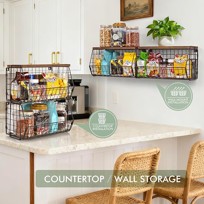 Wall Storage Hanging Baskets 2 PACK - Wooden Top Wire Basket Organizers & S Hooks - Assemble Floating Shelf Racks for Pantry Kitchen Office Bathroom Garage Organization (Extra Large)