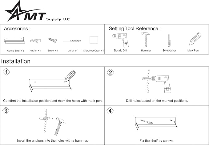 AMT 3 Pack Acrylic Floating Shelves, 15" L x 3.25" W, Clear Bathroom Wall Shelf, Bookshelves, Invisible Display for Office, Bedroom, Small Gap Allows Water to Escape, Free Screws & Drill Bit (Medium)