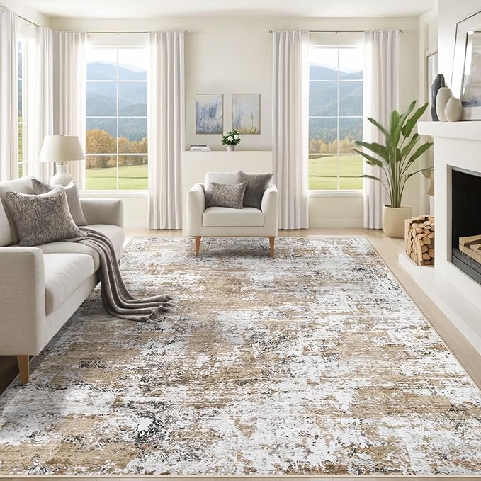 XLUEZ 9x12 Area Rug for Living Room, Washable Modern Abstract Large Area Rug Neutral Soft Non Slip Kids Rug Stain Resistant Indoor Carpet for Bedroom Dining Room Playroom Office(Beige, 9'x12')