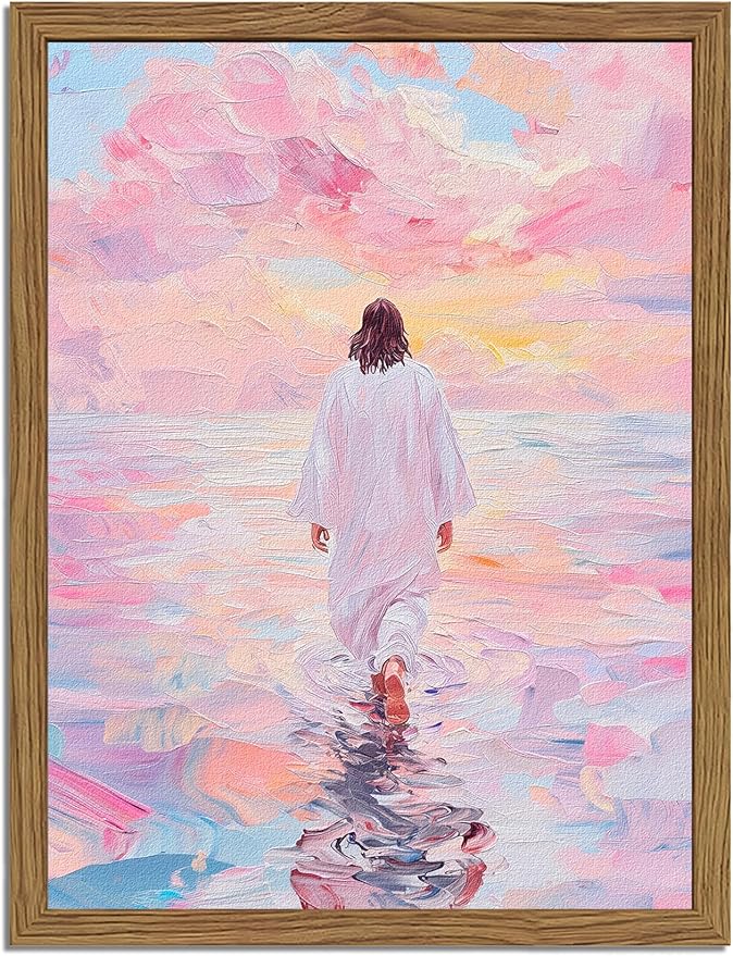 Pink Jesus Walking On Water Wall Art, Frame 3D Textured Hand Drawn Sandstone Christian Wall Decor Paintings Religious Savior Pictures for Living Prayer Room Bedroom, 12x16 in Wood Framed