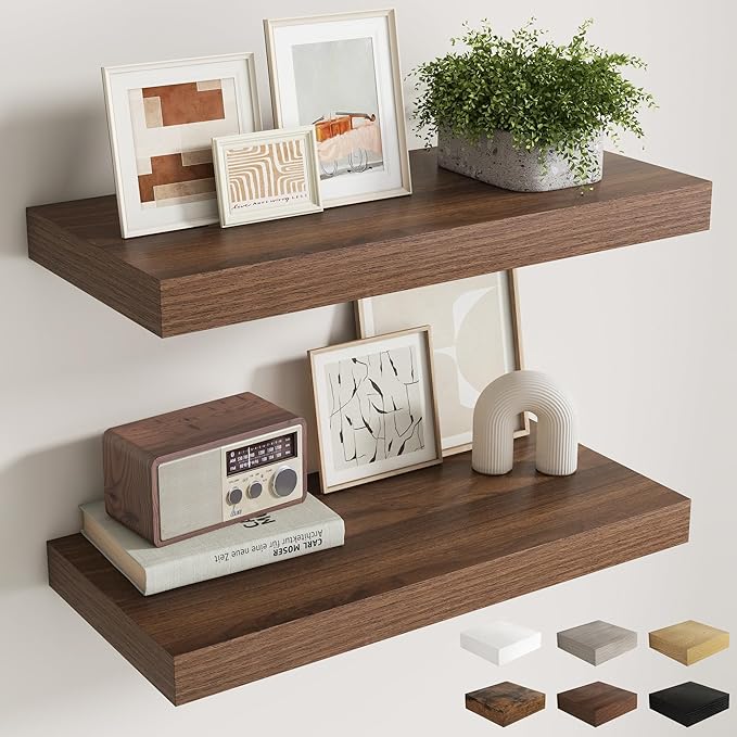 30 Inch Walnut Floating Shelves for Wall, 12 Inch Deep Shelves for Bathroom|Kitchen|Bedroom, Wall Mounted Rustic Wood Floating Shelf with Invisible Brackets for Books|Storage|Decor, 2 Pack