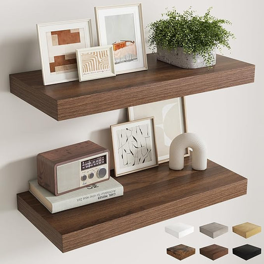30 Inch Walnut Floating Shelves for Wall, 12 Inch Deep Shelves for Bathroom|Kitchen|Bedroom, Wall Mounted Rustic Wood Floating Shelf with Invisible Brackets for Books|Storage|Decor, 2 Pack