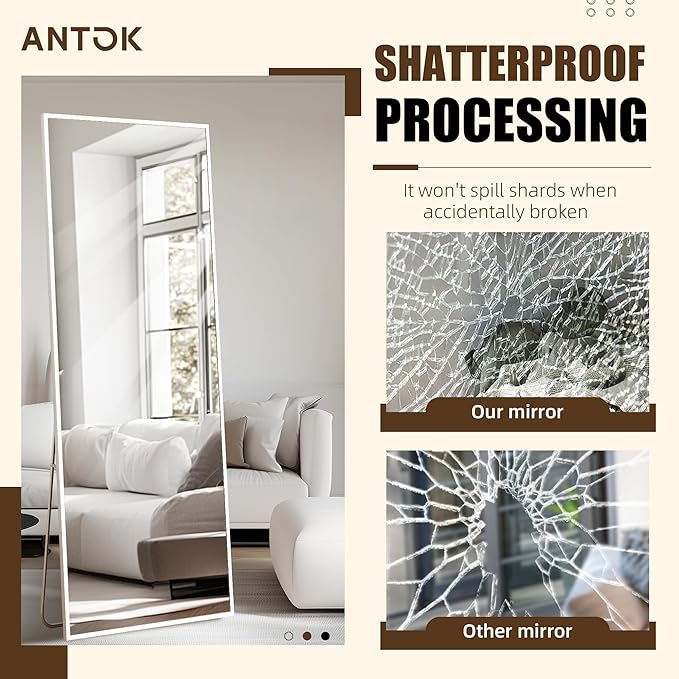 Antok Over The Door Mirror Full Length, 49'' x 14''Wall Mounted Hanging Mirror, Aluminum Alloy Frame, Shatterproof Glass, No Drill Installation for Bedroom, Closet, Bathroom, Dorm, Rect Corner,White