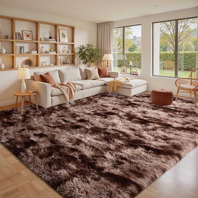 8x10 Area Rugs for Living Room Brown Fluffy Fur Bedroom Rug,Rustic Plush Non-Slip Dark Carpet for Book Room Office,Coffee Stain Resistant