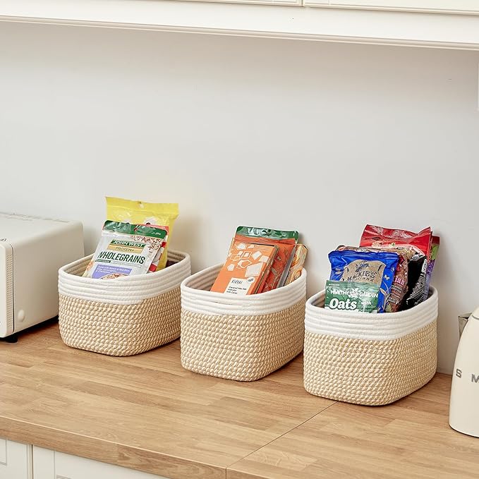 R RUNKA Small Cotton Rope Basket – Storage Bin for Organizing (10.6" x 6.7" x 6.7"), Bathroom Storage Basket for Shelf, Counter & Closet（White & Mixed Camel）