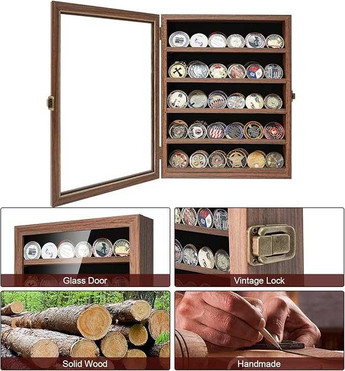 Military Challenge Coin Display Case Holder with HD Toughened Glass and Wall Mount, Wooden Coin Stand Rack with Removable 2 Grooves Shelves, Rustic Brown…
