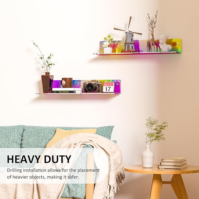 Sezanrpt 16 Inches Iridescent Acrylic Shelves, Wall Mounted Organizer Shelves for Bedroom, Clear Wall Storage Shelves for Cosmetics, Skincare, Router, Doll, Toiletries, Helmets, 2 Pack