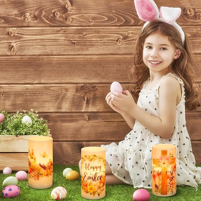 Retisee 3 Pcs Easter Flameless LED Candles Battery Operated Bunny Flower Spring Flickering Pillar Candles with Remote Rabbit Happy Easter Centerpiece for Bedroom Living Room Dinner Table Decoration