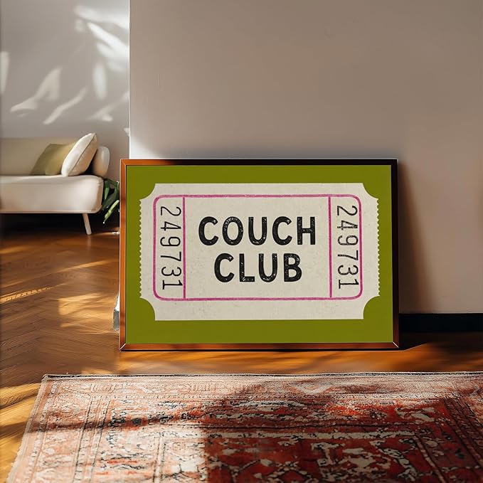 Vintage Canvas Wall Art Couch Club Ticket Wall Decor Retro Green Minimalist Quote Poster Fashion Green Aesthetic Posters Vintage Funny Artwork for Living Room Bedroom Home Decor, 24x16inch Unframed