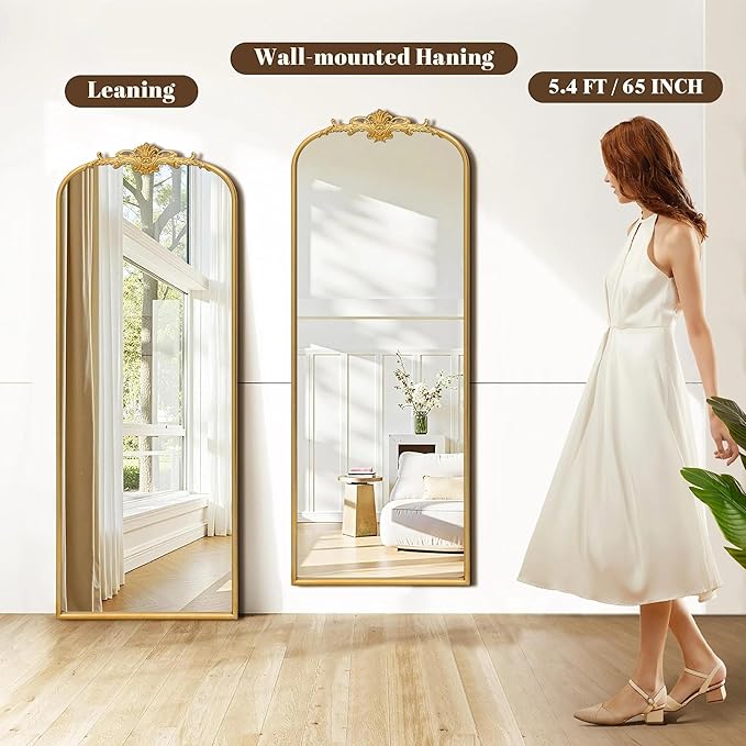 Besdomus Antique Full Length Mirror: 21"x56" French Gleaming Gold Arched Full Body Mirror - Floor Vintage Baroque Traditional Ornate for Entryway/Cloakroom/Bedroom - Home Decor for Interior Designers