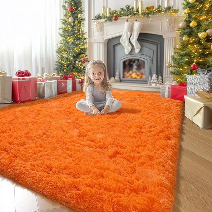 Amdrebio Orange Rugs for Bedroom Living Room, 5x7 Fluffy Fuzzy Area Rugs for Kids Room Decor Aesthetic, Cute Furry Plush Shag Carpet for Toddler Teen Girls Boys Baby Nursery Dorm Playroom Classroom